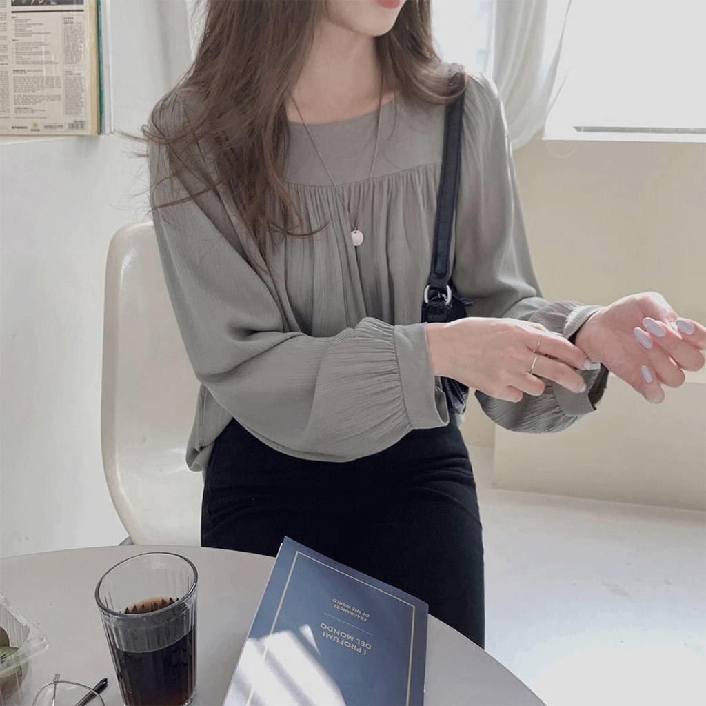 [SYitong] Flowy Chiffon Long-Sleeve Shirt Top for Women, Lightweight, Korean Style, Cute, Spring/Autumn, Square Neck, Office, Commuting, School, Casua
