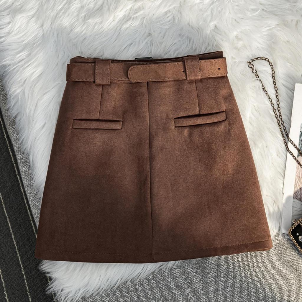 Plus Size Coffee Color Suede Velvet High Waist A-line Skirt – Anti-exposure, Hip-hugging, Short, for Women