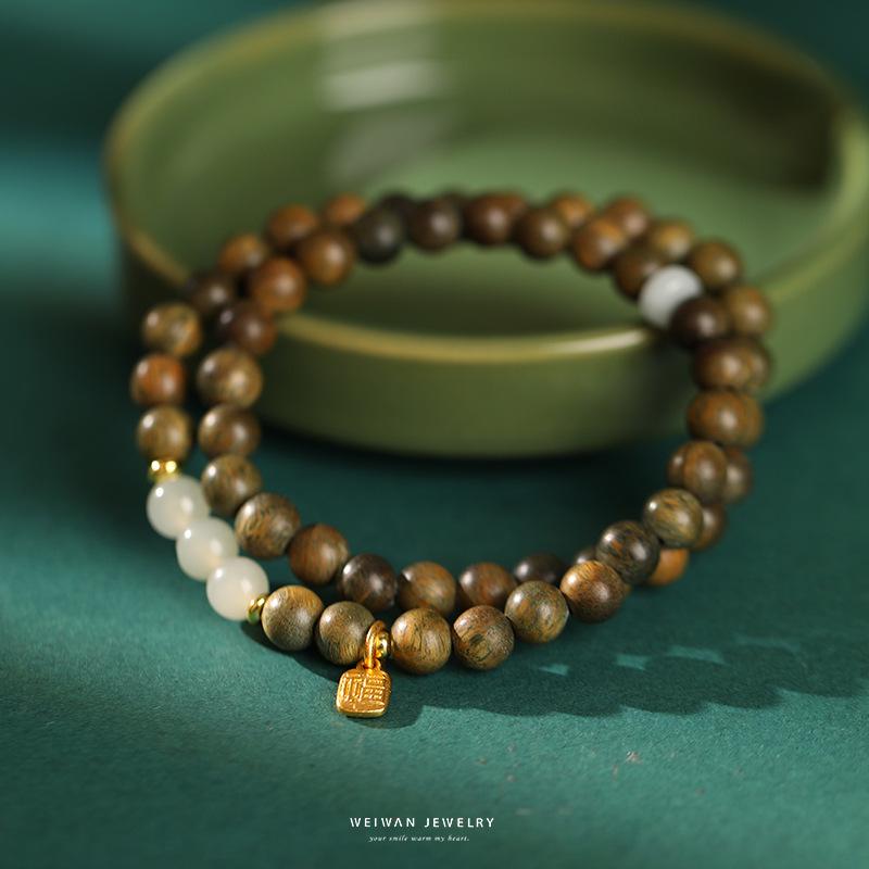 Tan Wangqing Natural Green Sandalwood & Hetian Jade Silver Bracelet - New Chinese Ancient Style Gift for Women