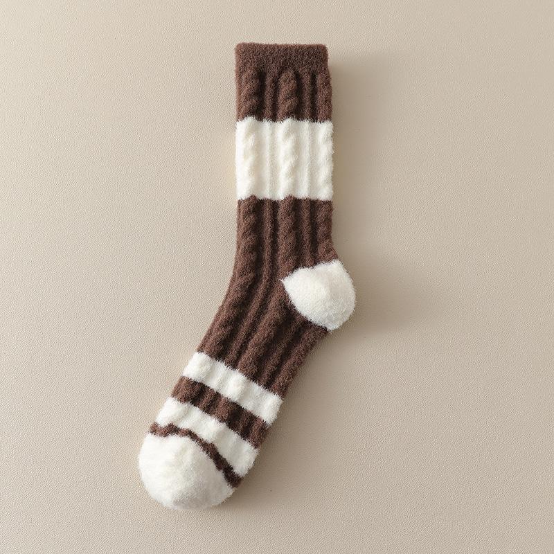 Female Autumn and Winter Thickened Soft Waxy Warm Stripe Home Sleep Tube Socks