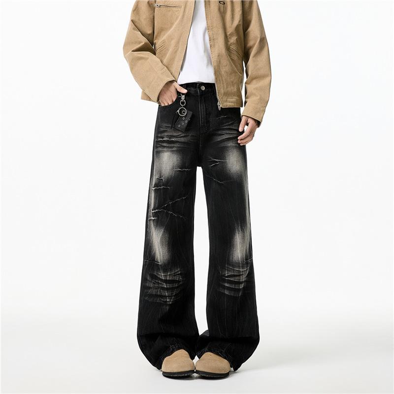 American high street washed cracked jeans men's and women's spring new retro old straight versatile casual pants