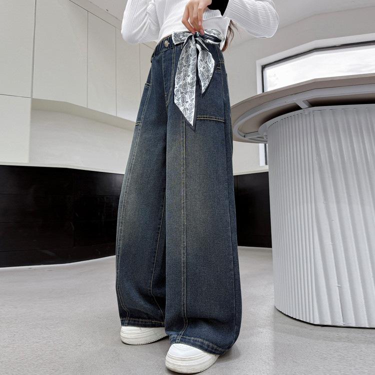 Girls' High-Waisted Wide-Leg Jeans - Deep Blue Multi-Pocket Slimming Pants for Older Children