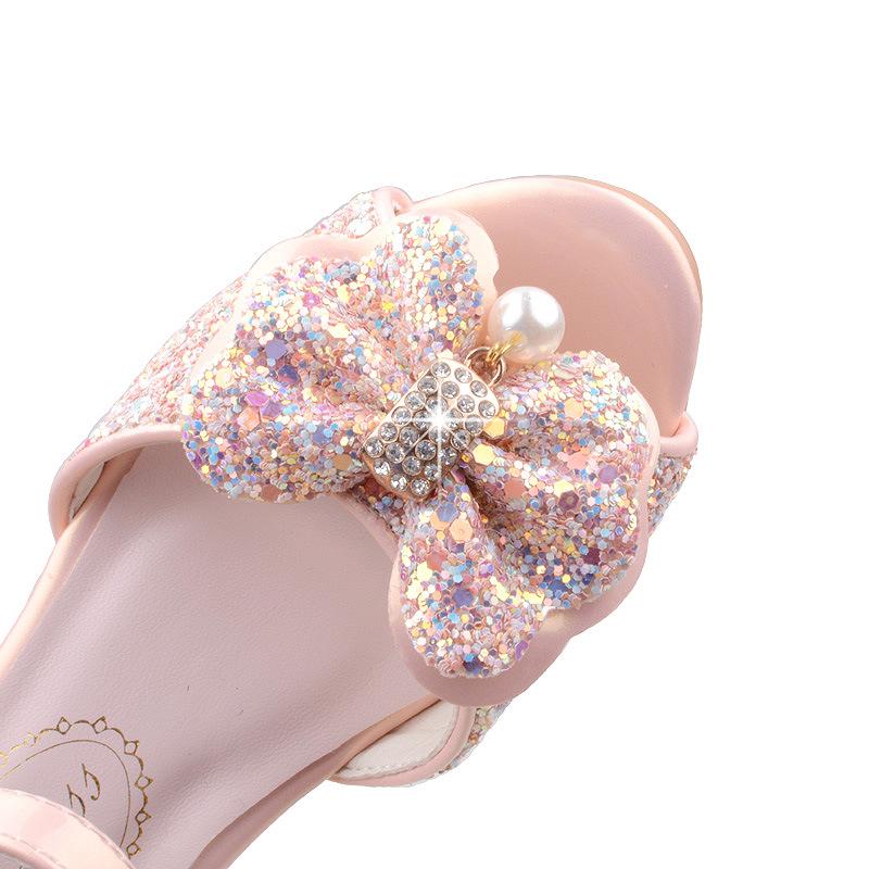 New Korean-style high-heeled girls' sandals, fashionable children's shoes with bows and sequins, Frozen princess shoes