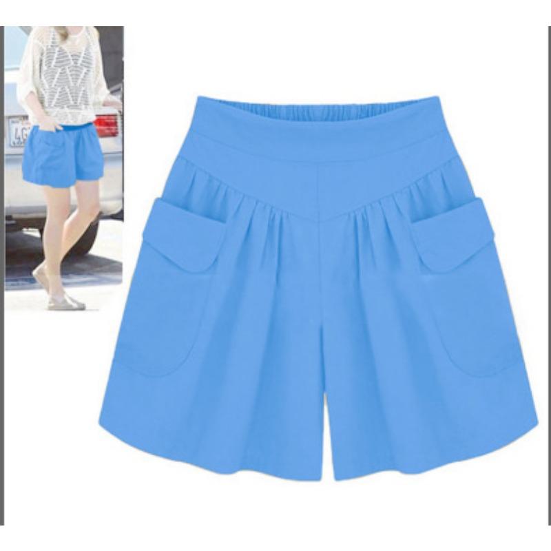 Women's Sky Blue High Waist Wide Leg Shorts Elasticated Waist Casual Summer Shorts with Pockets