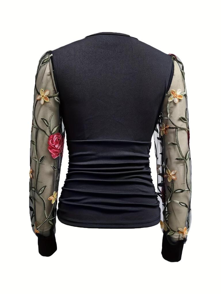 Women's Floral Lace Ruched T-Shirt Top