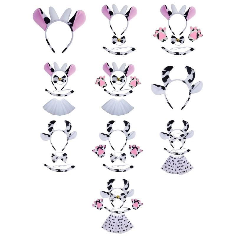 Kuh Kostüm Set Kuh Ohren Schwanz Fliege Tutu Rock Handschuhe Tier Kostüm Set Zubehör für Halloween Cosplays