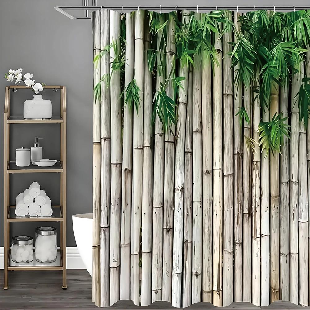 Soothing Bamboo Forest Shower Curtain for a Zen Bathroom, Featuring Realistic Bamboo Stalks and Leaves On a Neutral