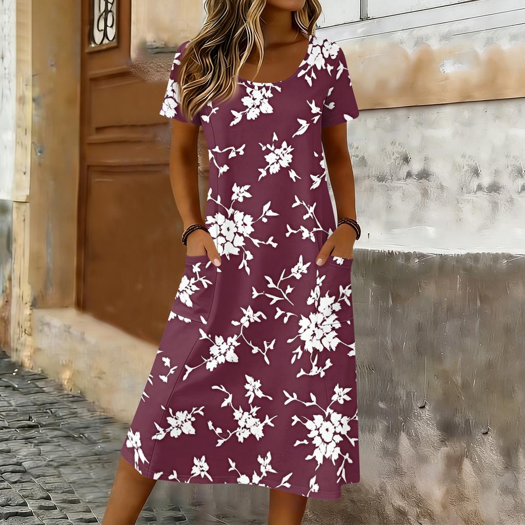 Women's Casual Loose Round-neck Short-sleeved Pocketed Mid-length Dress