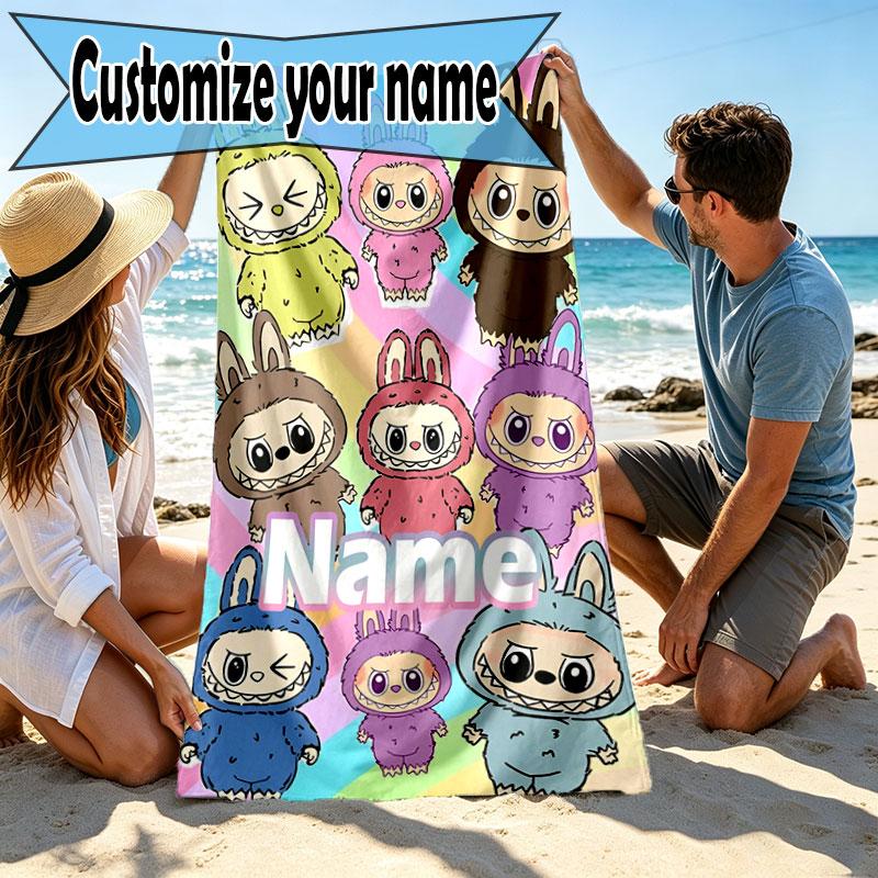 Custom Name Personalized Labubu Print Beach Towel, for Trip Camping Beach Party Home Decor, Birthday Gift for Family & Friends