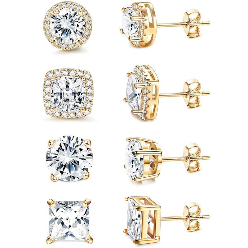4 pair Stud Earrings for Women Men Gold Plated Hypoallergenic Silver Post Earrings Big Brilliant Simulated Diamond