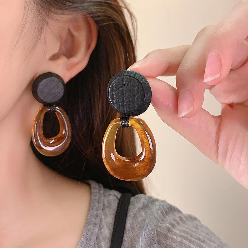 Caramel Color Smudged Disc Resin Earrings Women's Retro Light Luxury Exaggerated Personality Unique Exquisite Earrings Earrings