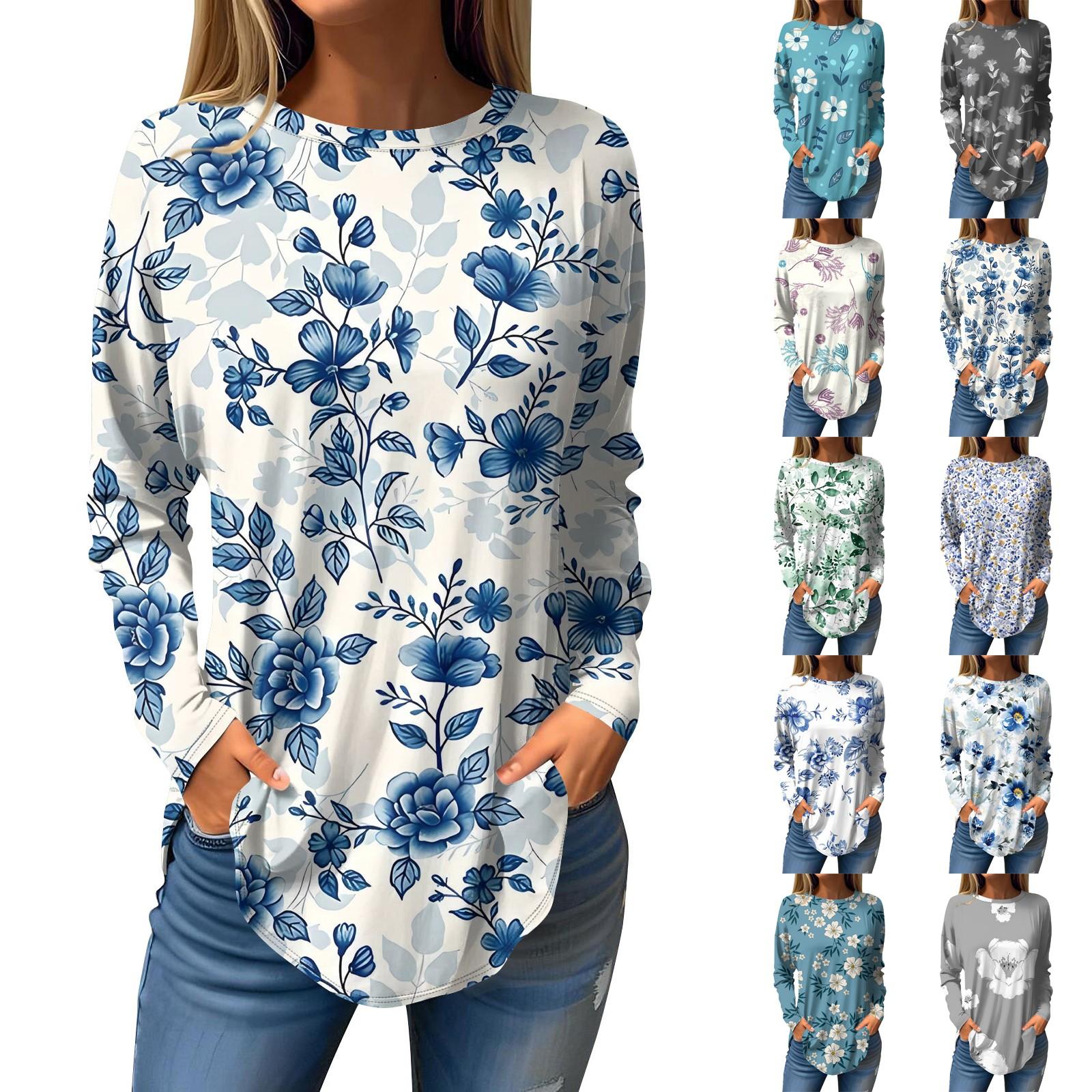 

Women s Fashion Casual Round Neck Floral Long Sleeve T-shirt Pullover Long Sleeve Top M
