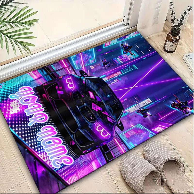 1PC Custom Name Neon City Theme Floor Mat Ideal for Living Room, Game Rooms, Office, Bedroom,Floor Mat Playful Design