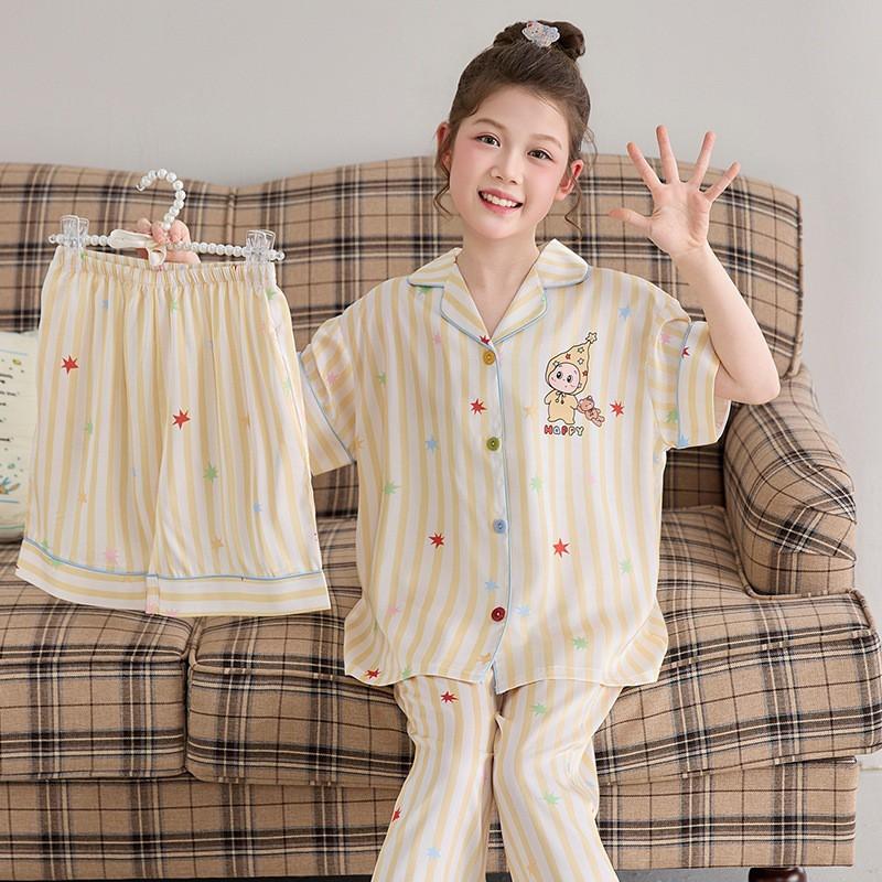 Girls Ice Silk Pajama Set Short Sleeve 3-Piece Cartoon Home Wear Ages 8