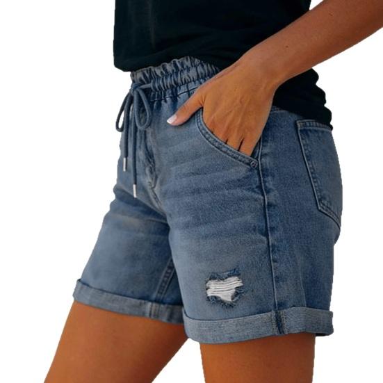 Jean Shorts for Women High Rise Roll Up Hem Straight Leg Distressed Denim Shorts Elastic Waist Drawstring Summer Ripped Hot Shorts with Pockets