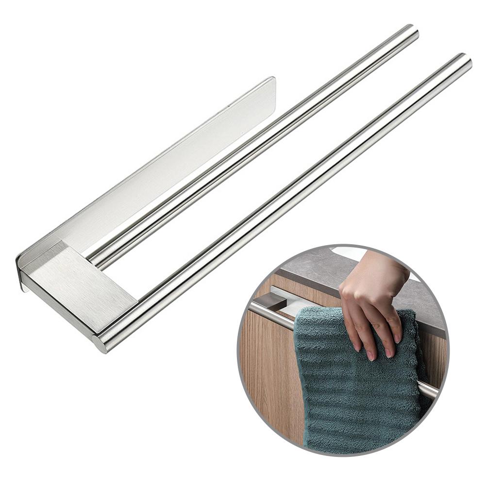 Self-Adhesive Towel Holder Stainless Steel Towel Rack Double Towel Rack Bathroom Perforated Towel Hanging Pole Bathroom Accessor