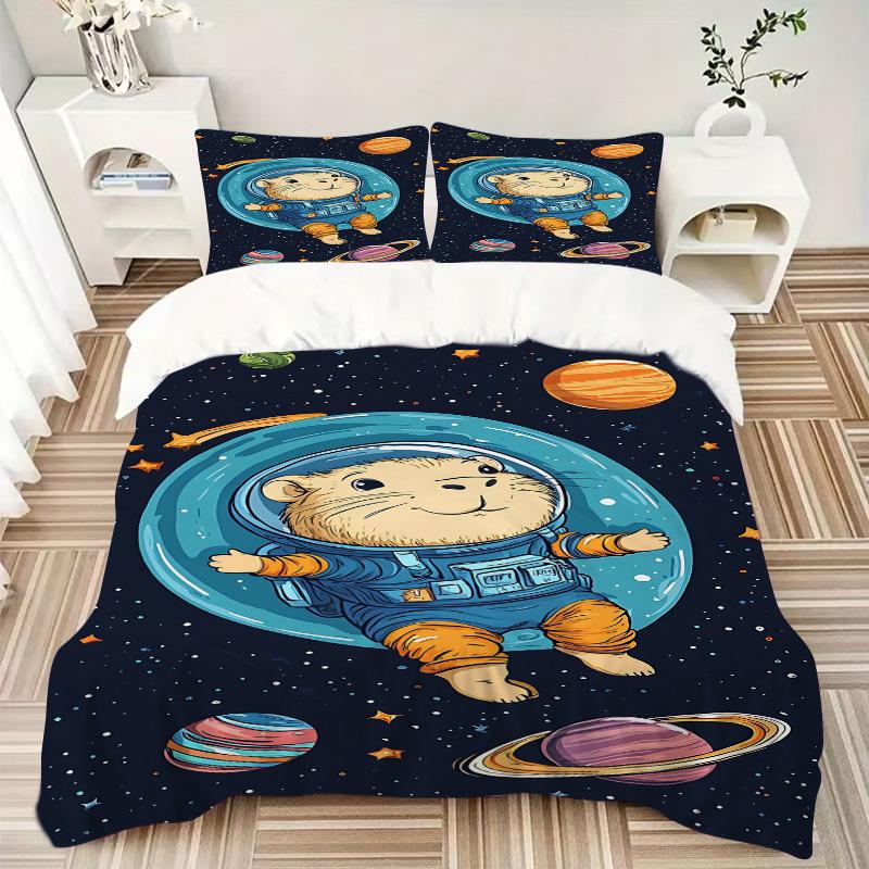 3pcs Space Hamster Bedding Set - 1 Duvet Cover + 2 Pillowcases(Core Not Included), Machine Washable Polyester yy251216129