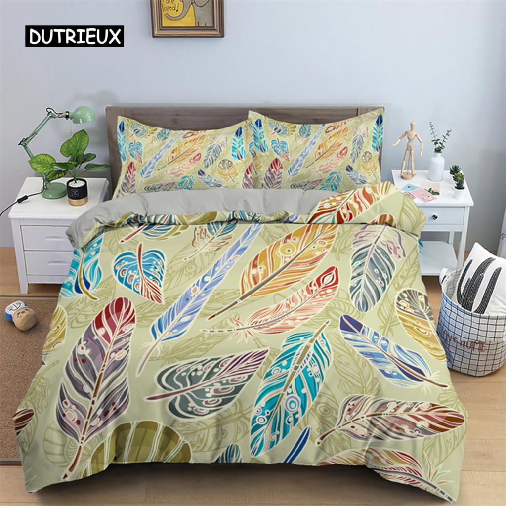 Peacock Feather Duvet Cover Feather Theme Bedding Set Microfiber Floral Quilt Cover Twin King For Teen Boys Girls Bedroom Decor