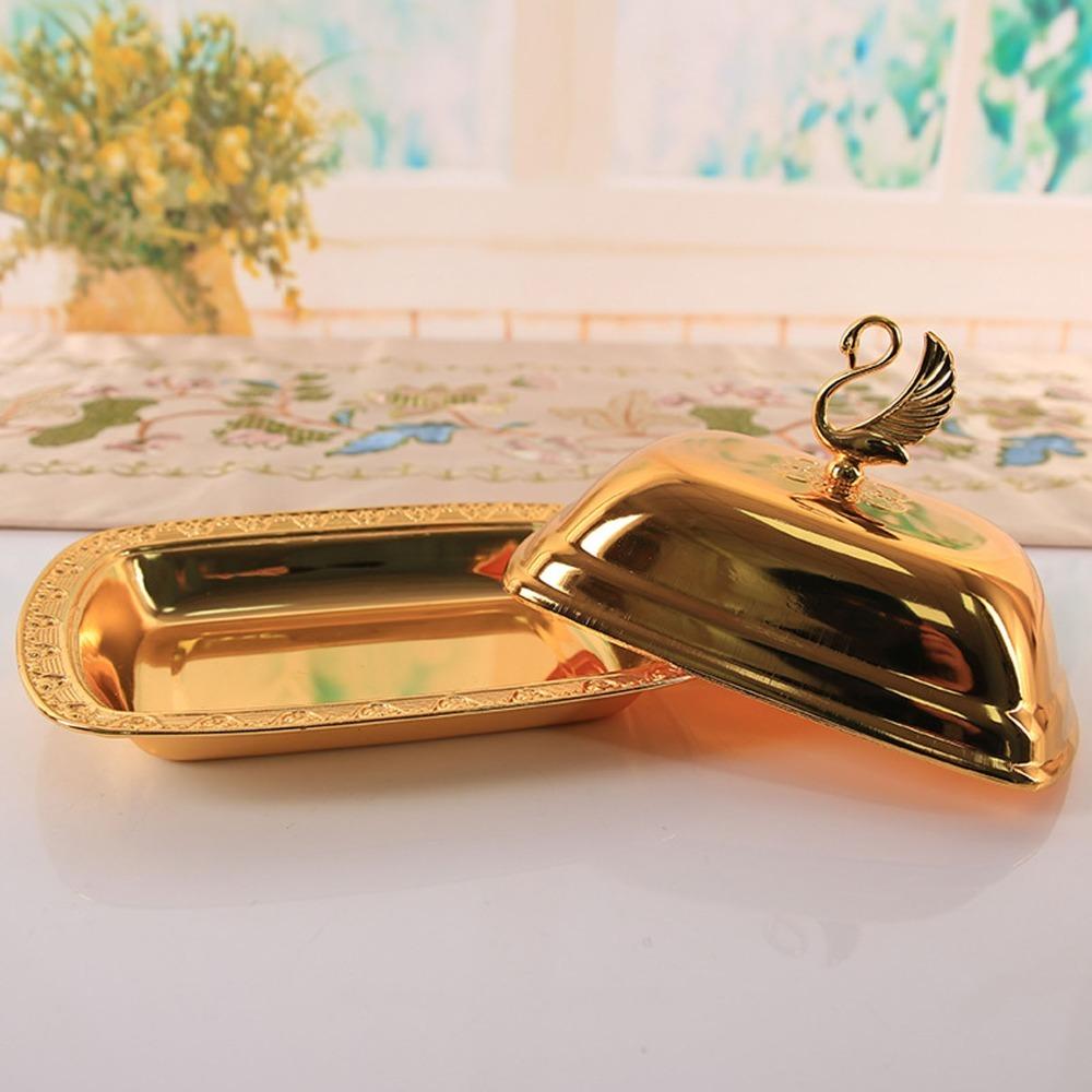 2pcs Gold Fruit Serving Tray Swan Handle Lid Snack Serving Dish  Wedding Party