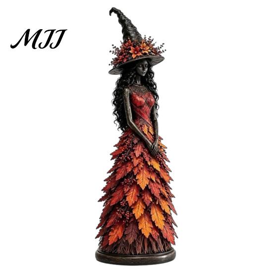 Autumn Home Decor Witch Figurine Statue, Resin Halloween Fall Tabletop Decor, Harvest Ornaments Shelf Ornament for Mantel Fireplace Desk Tiered