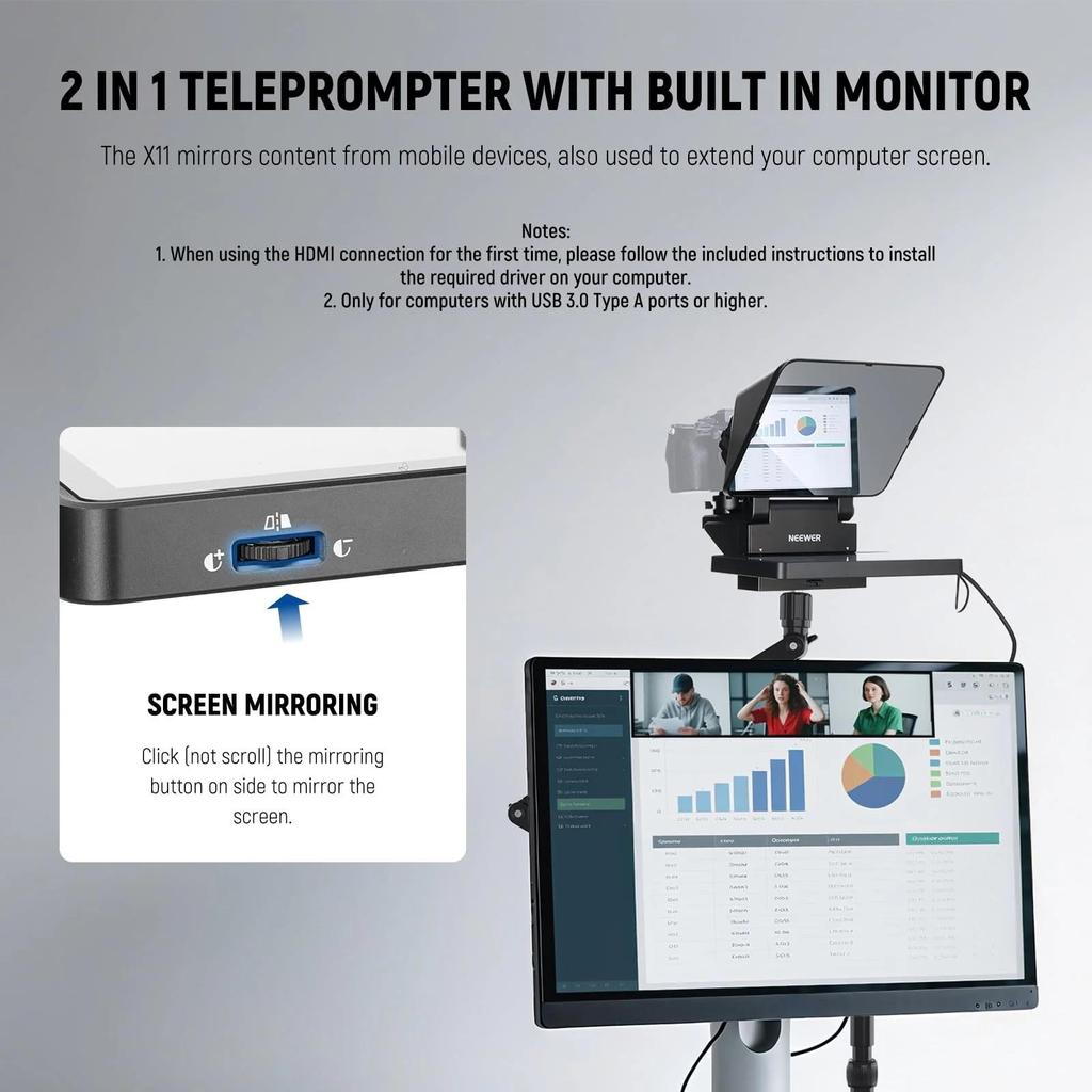 NEEWER X11 Teleprompter 2-in-1 da 11 Pollici con Monitor per Windows MacOS, Supporta Screen Mirroring
