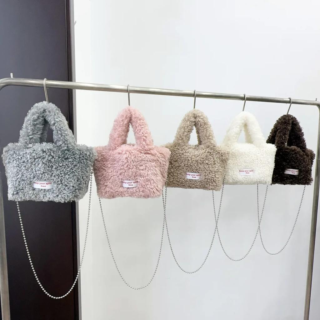 Casual Soft Plush Women's Handbags Tote Purse Simple Furry Ladies Bucket Crossbody Bags Faux Lamb Wool Female Shoulder Bag