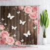 Vintage Pink Roses & White Butterflies On Rustic Wooden Planks Waterproof Shower Curtain For Bathroom Decor
