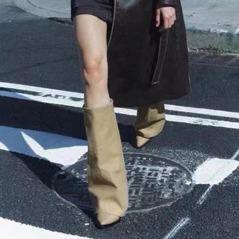 Fashion Knee High Heels Women Boots Leather Chunky Fashion Shoes Pointed Toe Snow Long Boots New Designer Pumps