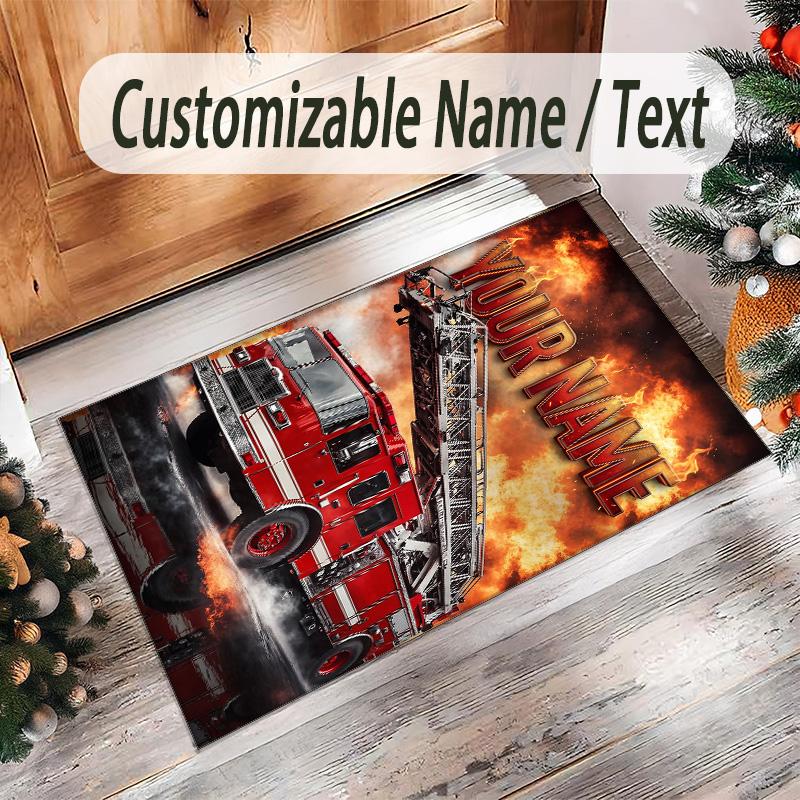 Fire Truck Theme Crystal Velvet Rug Personalized Custom Name Text Soft Floor Mat Home Decor