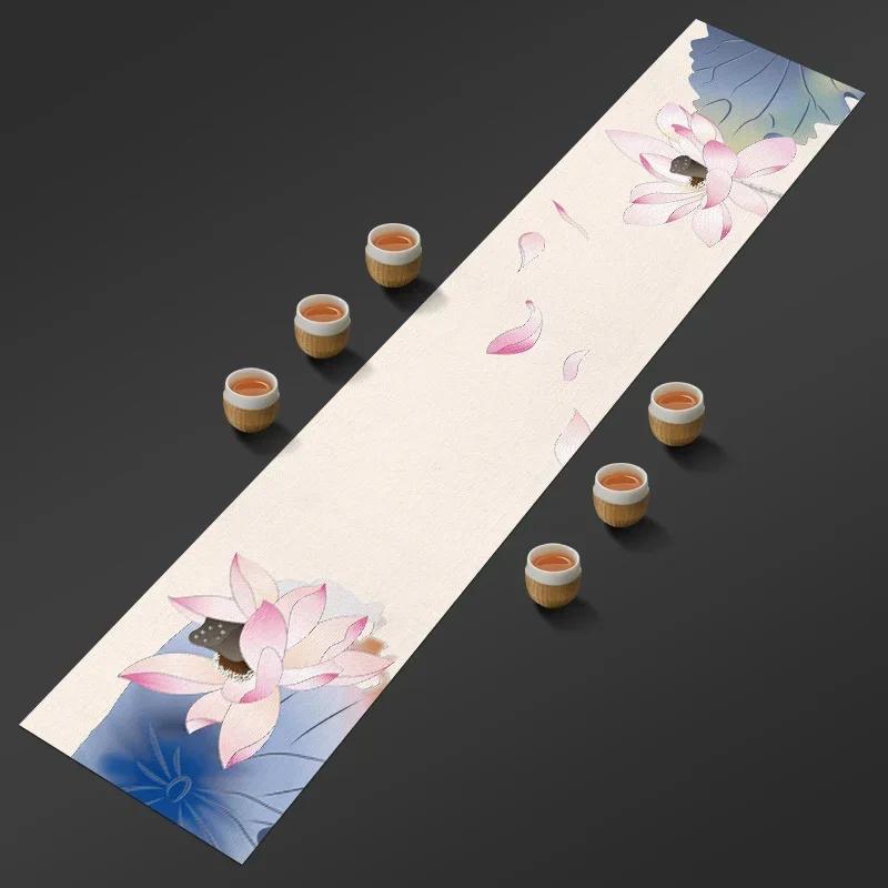 Chinese Lotus Pattern Table Runner Water-Repellent Coffee Table Cloth Decorative Cotton Linen Tea Mat Tea Ceremony Accessories