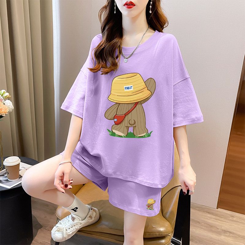Pure Cotton Short Sleeve Short Pants Suit Women's Summer Plus Size Plus Size Ladies Loose Fashion Casual Sports Style Wear a Set of Fashion
