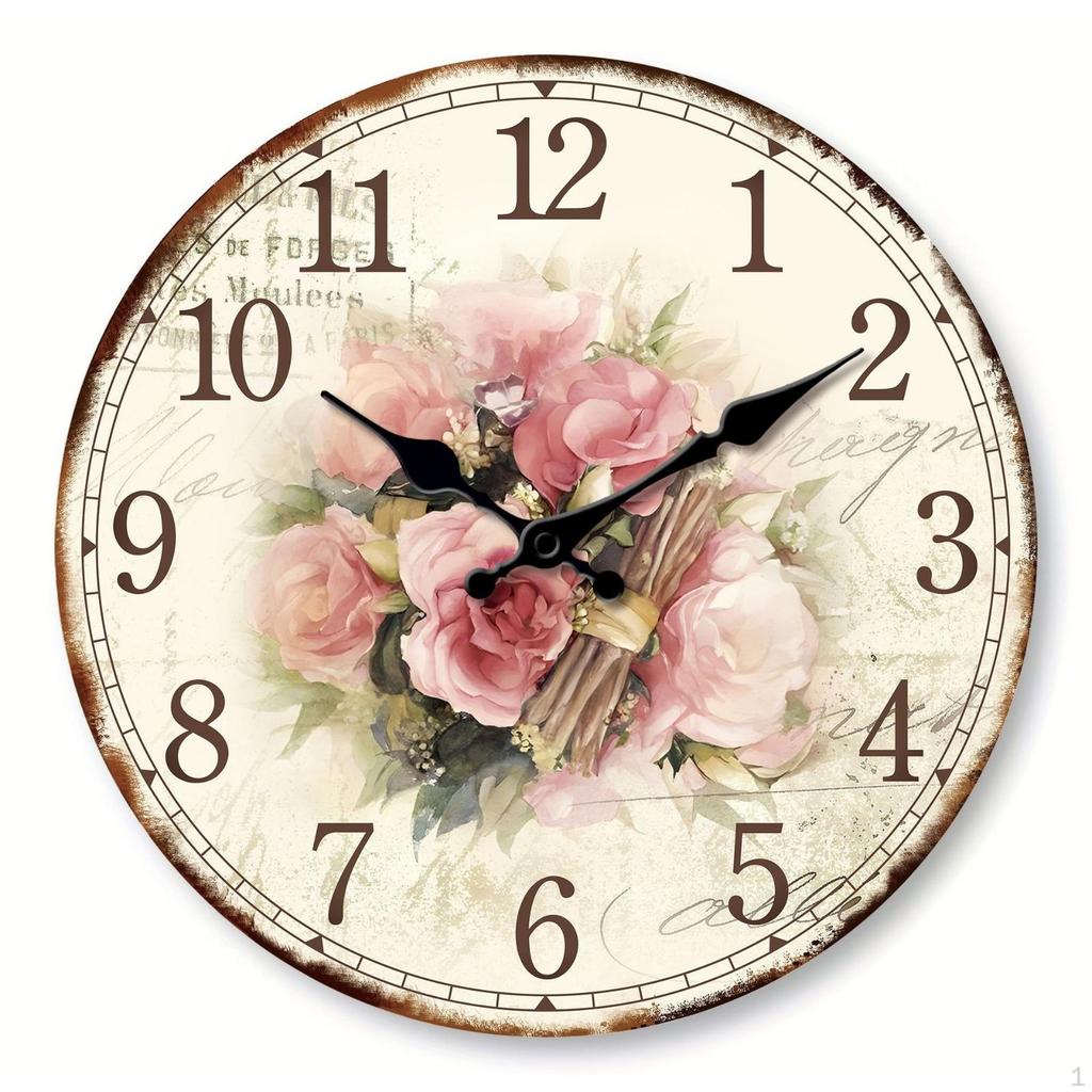 Wood Grain Wall Clock Decorative Vintage Powered Home Decor Floral