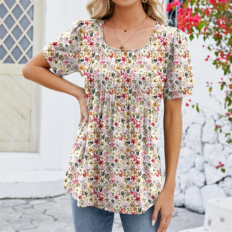Spring Summer Pleated T Shirts Solid Color Women's Top Fashion O Neck Short Sleeve T-shirt
