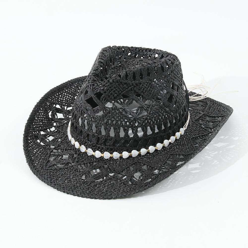 New Handwoven Straw Cowboy Hat with Heart & Malan Flower, Black Sun Cap for Women, Summer Beach Hat M 56-58cm