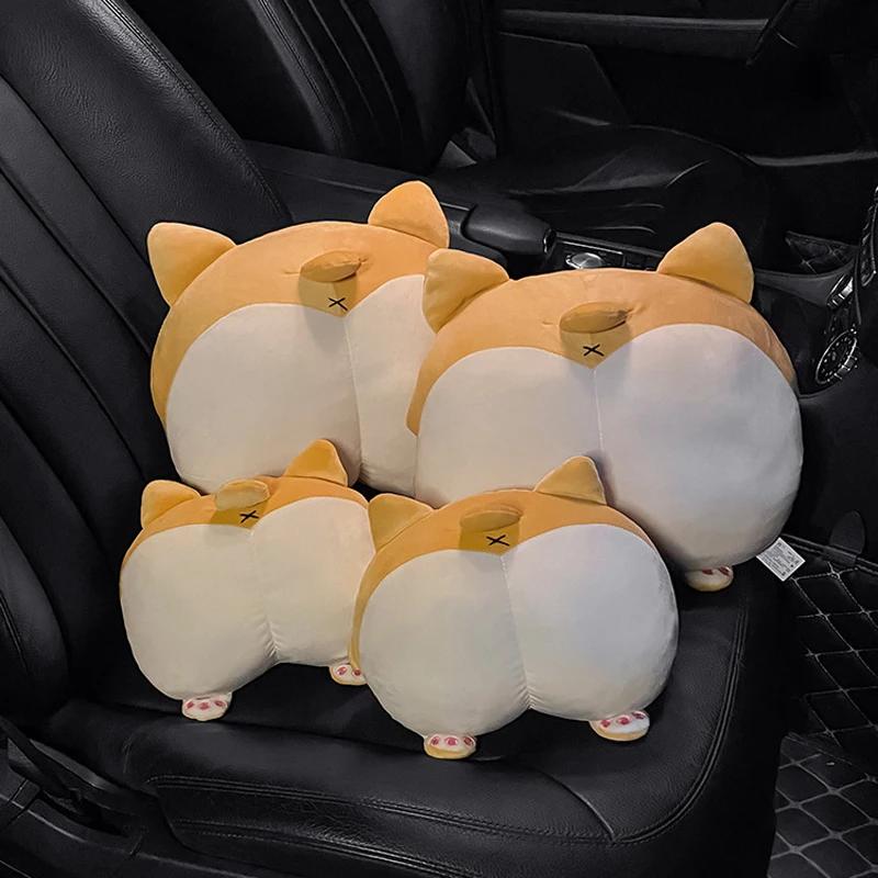 Plush Corgi Dog Butt Car Neck Pillow with Lumbar Support Cute Cartoon Dog Car Accessory Creative Travel Pillow Set