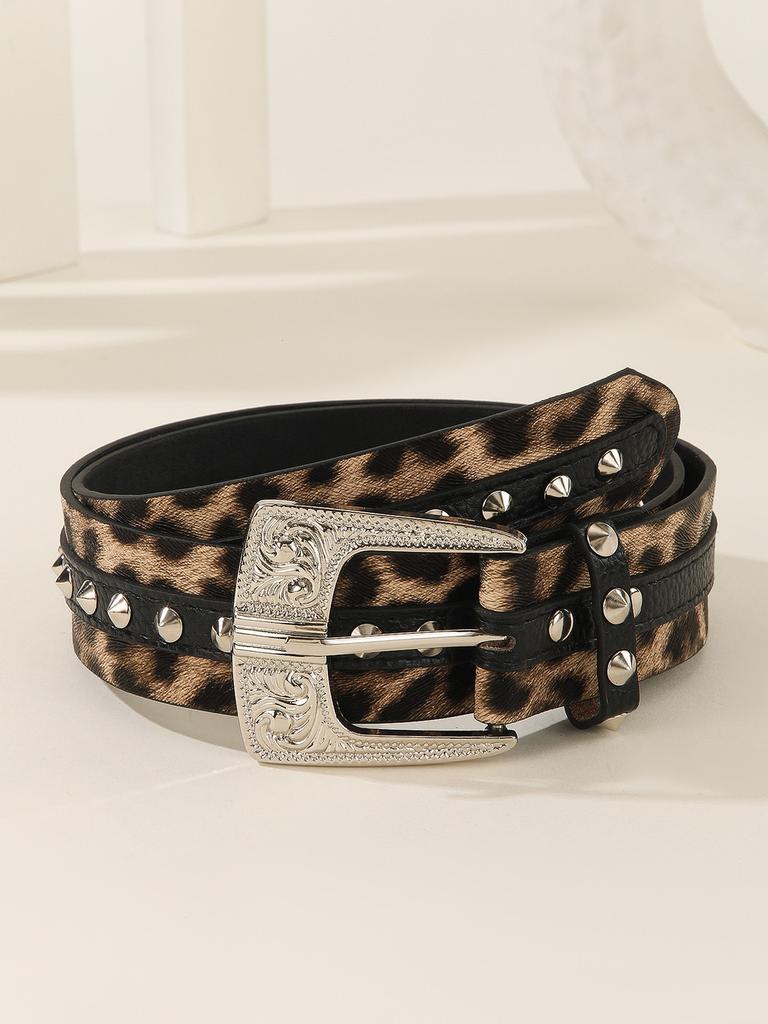 Fashion Print Leopard Pattern Rhinestone Metal Buckle Decoration Women Wide Belt