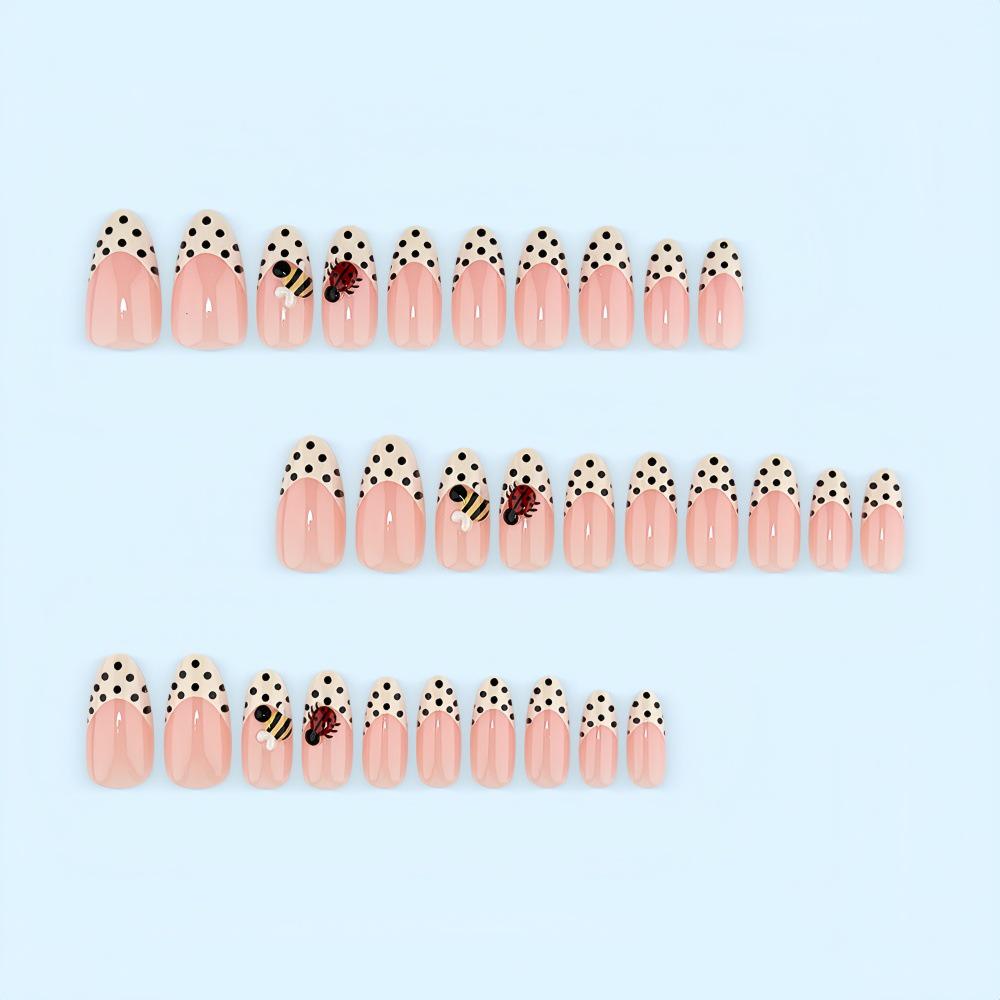 Black & White Polka Dot Ladybug Almond 3D Insect Nail Art - Nude Pink French False Nails