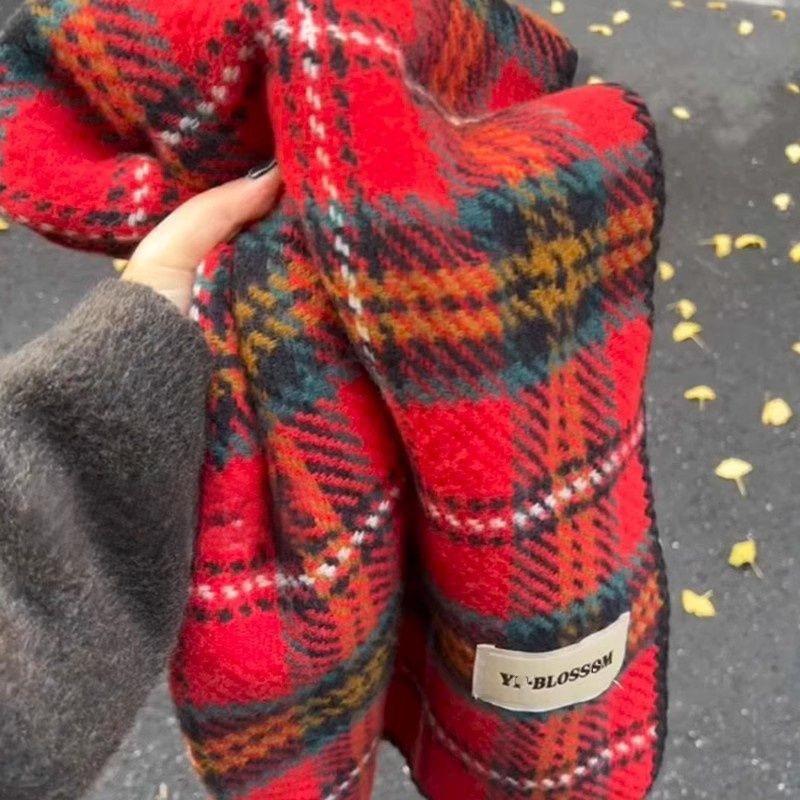 New Christmas Red Scarf Women's Winter New Hemming Plaid Imitation Cashmere Atmosphere Shawl Thickened Scarf