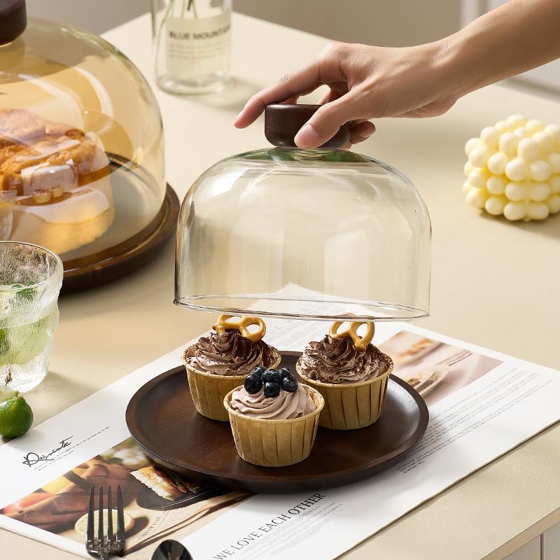 Wooden Plate Transparent Cover Cake Plate Tray Dessert Cake Dust-proof Tray Desktop Storage Container Party Accessories