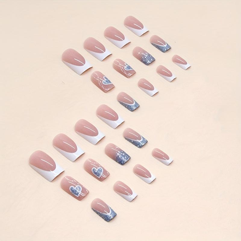24PCS Short Square Press On Nails, Heart Pattern Design, Reusable Acrylic False Nails Kit for Women Gift