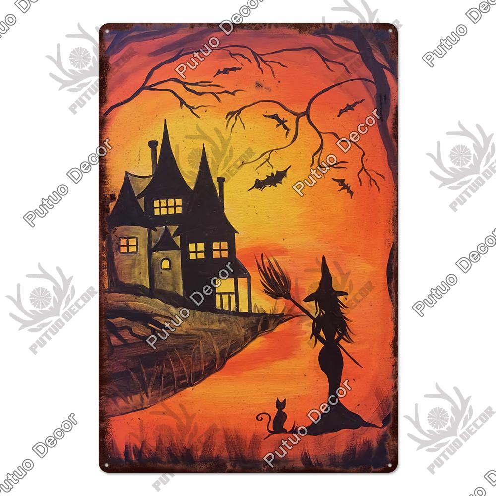 Putuo Decor Halloween Vintage Tin Signs Plaque Metal Plate Retro Poster Wall Art Decoration for Home Bar Living Room Door Yard