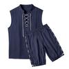 Men's Linen Plus Size Sleeveless Stand Collar Jogger Shorts Set with Drawstring