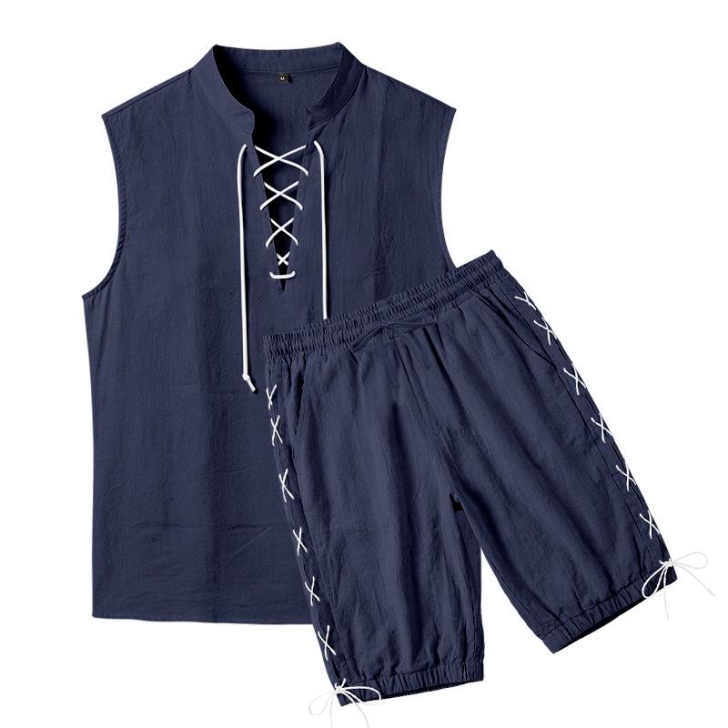 Men's Linen Plus Size Sleeveless Stand Collar Jogger Shorts Set with Drawstring
