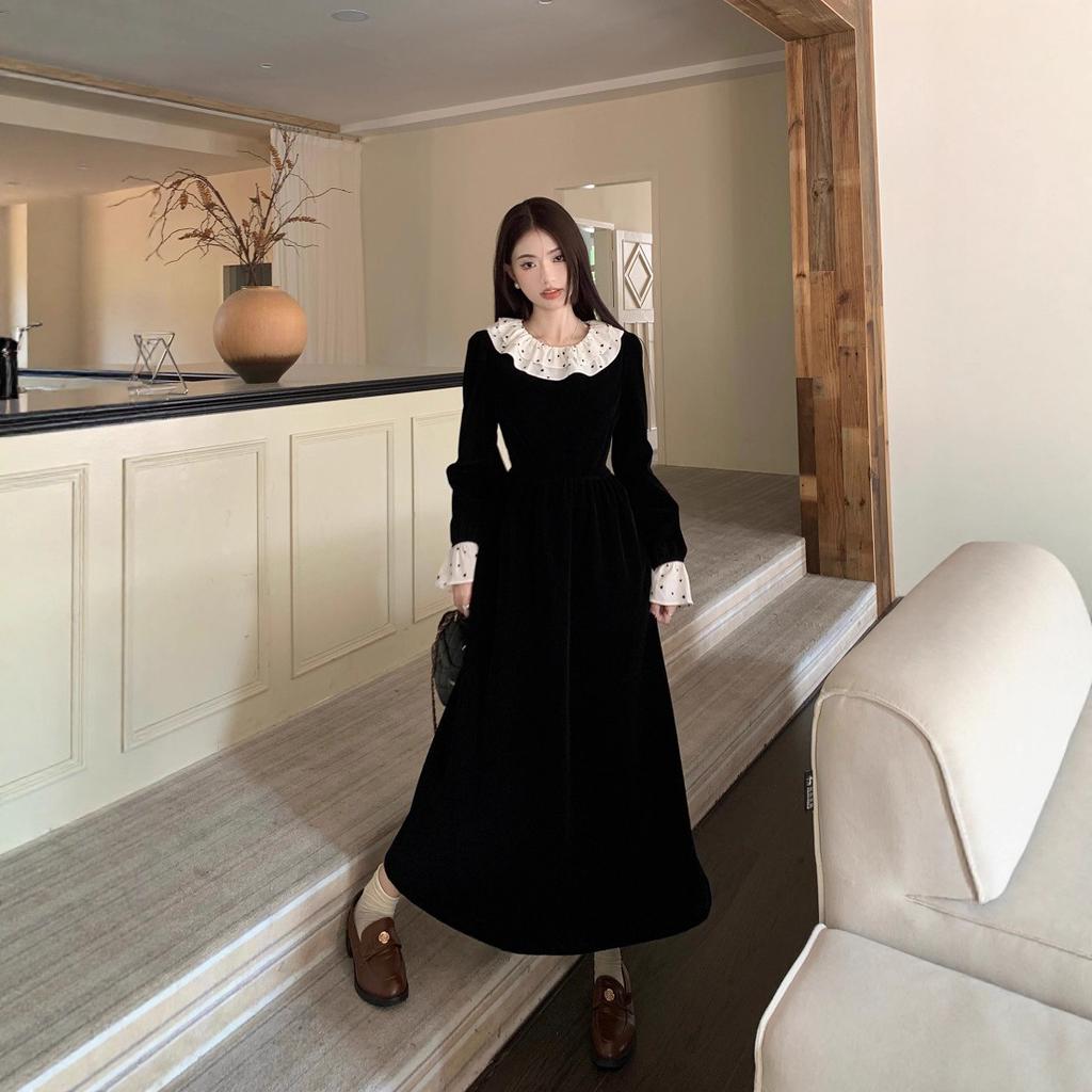 French lotus leaf collar velvet dress women's autumn and winter temperament high waist A-word skirt Hepburn style waist and thin long skirt