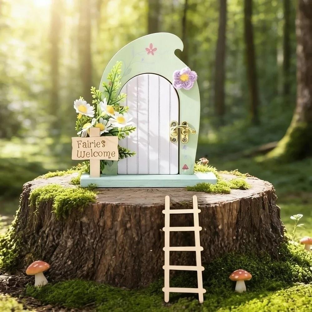Cartoon Wooden Fairy Door Ornaments Detachable with Ladder Simulation Fairy Door Room Miniature Dollhouse Decor Balcony