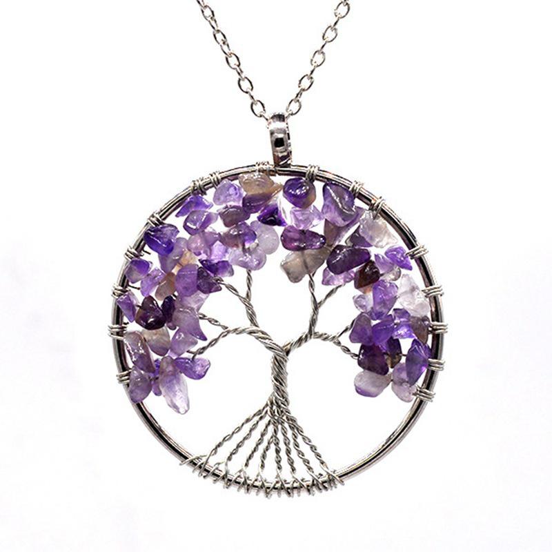 7-Color Crystal Tree of Life Pendant Necklace - Handmade Wire Wrapped Ornament N172