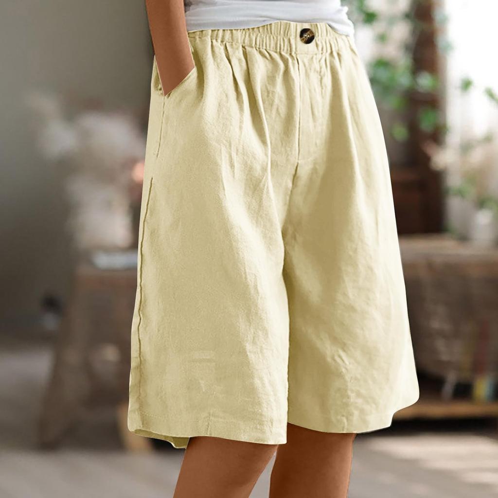 Pantaloni da donna a tinta unita con tasche, bottoni alla moda, pinocchietti, cotone e lino, pantaloncini larghi con elastico in vita