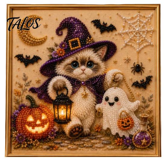 Creative Gifts for Cat Lovers Halloween Witch Hat DIY 3D Pearl Painting Kit with Frame, Hand-Pasted Art Craft Adults, Relaxing Handcrafted Living Room