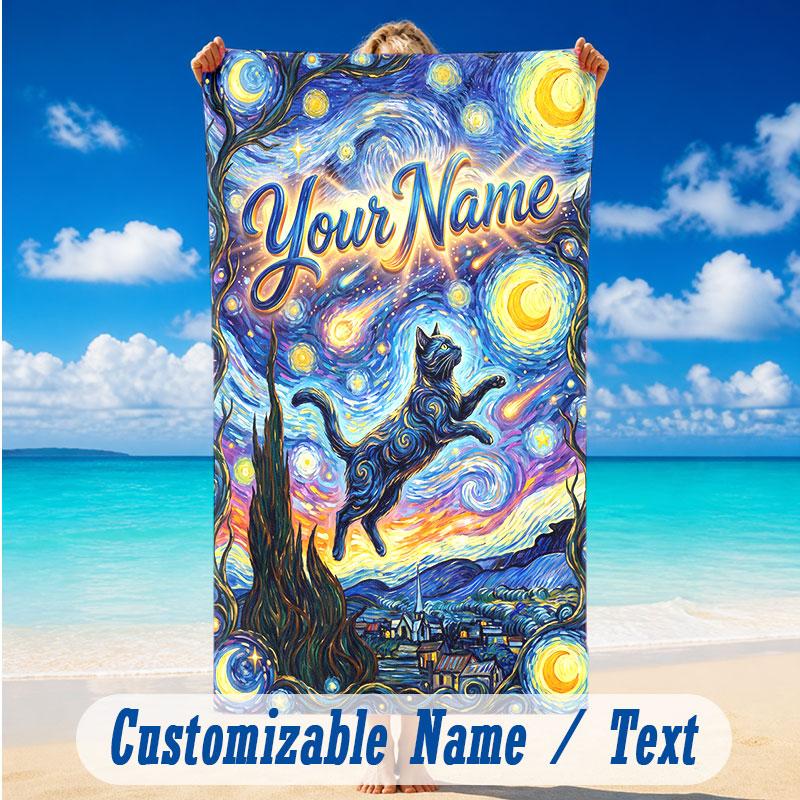 Cat Theme Beach Towel Personalized Custom Name & Text Soft Quick Dry Beach Towel for Swimming Travel