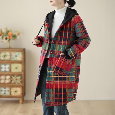 Winterliche literarische Übergröße locker karierte lässige Baumwolljacke mit Kapuze für Damen mittlerer bis langer Stil
